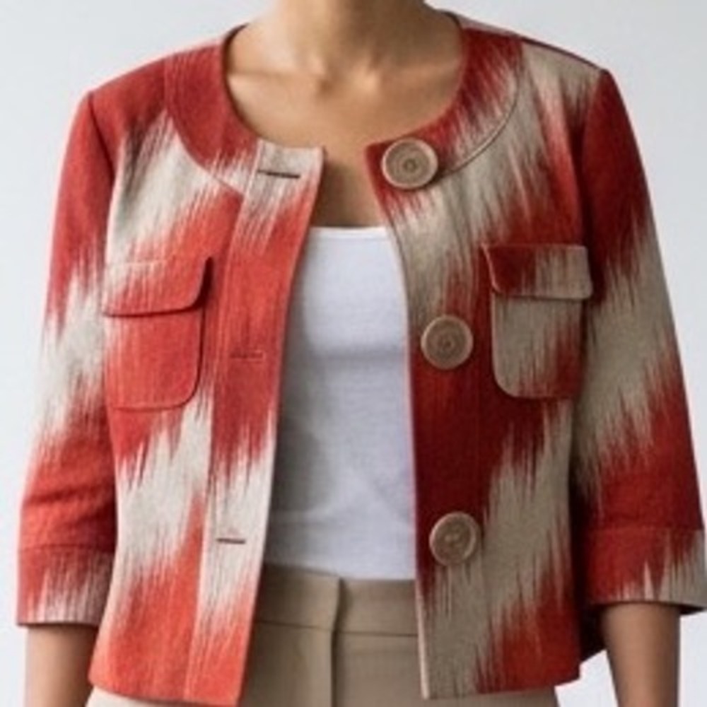 Michael Michael Kors Red Beige Ikat Linen Jacket Half Sleeve Button Front Small